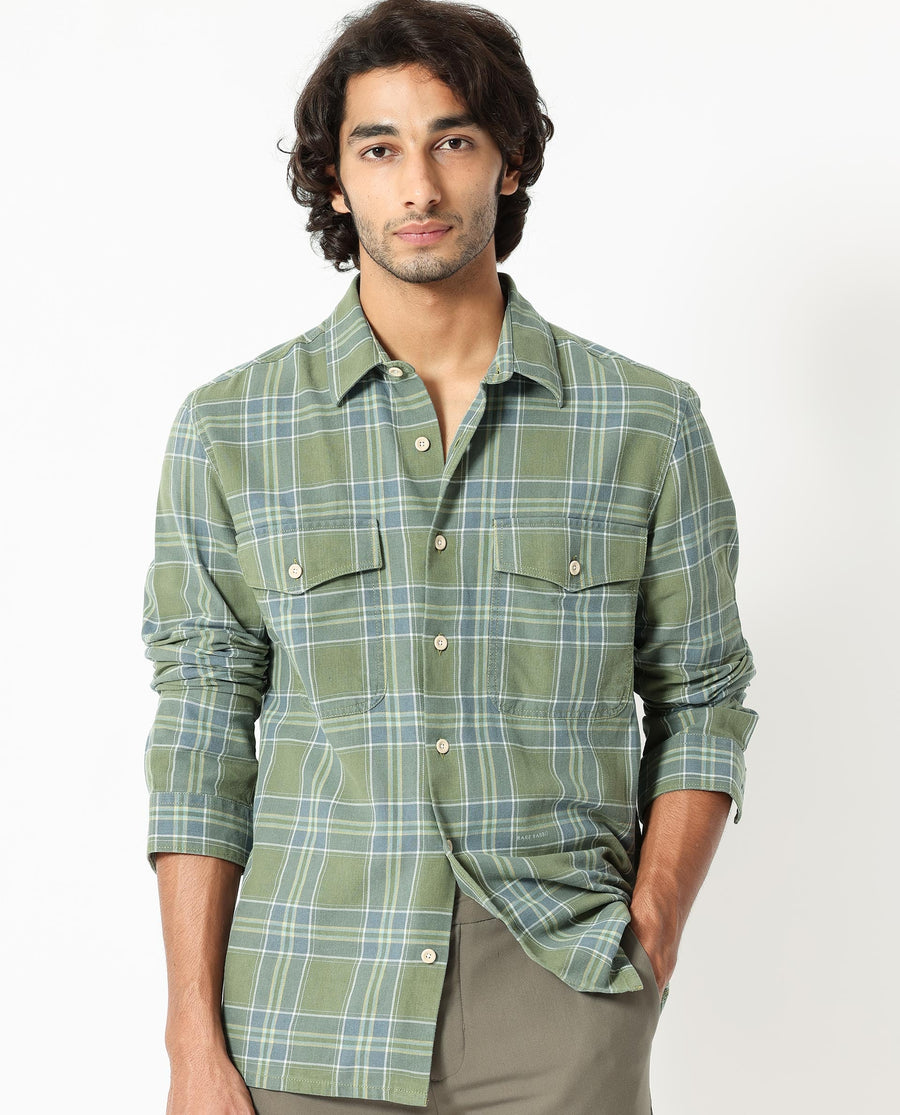 Rare Rabbit Men's Hadsten Green Cotton Checked Print Regular Fit Full Sleeve Collared Shirt