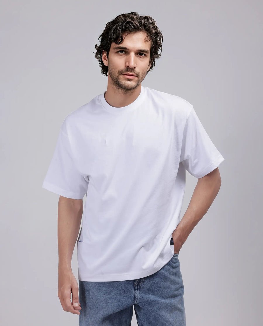 Rare Rabbit Men's Haf White Cotton Blend Graphic Print Oversized Fit Half Sleeve Crew Neck T-Shirt