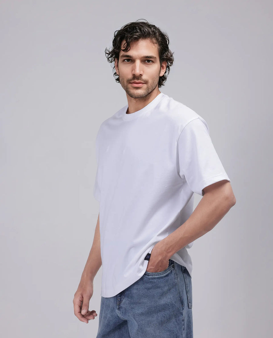 Rare Rabbit Men's Haf White Cotton Blend Graphic Print Oversized Fit Half Sleeve Crew Neck T-Shirt