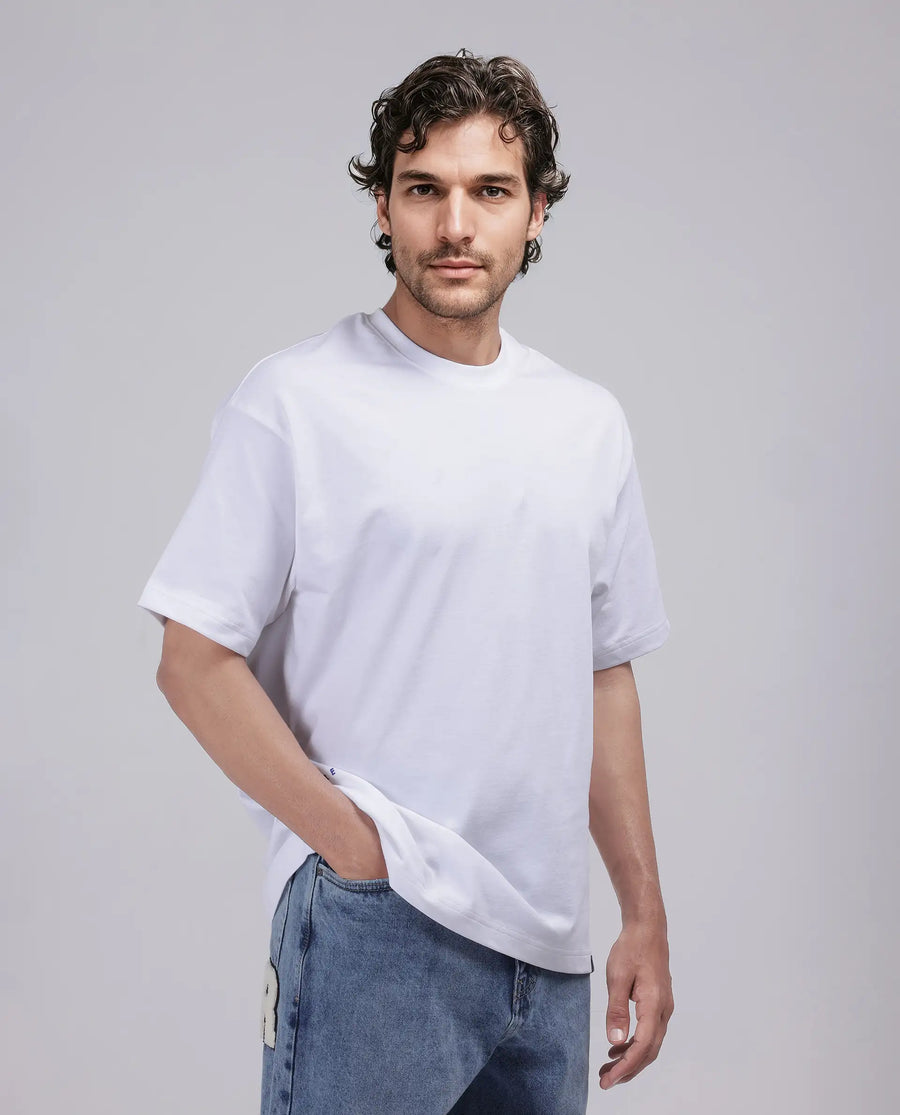 Rare Rabbit Men's Haf White Cotton Blend Graphic Print Oversized Fit Half Sleeve Crew Neck T-Shirt