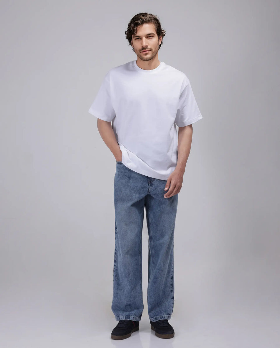 Rare Rabbit Men's Haf White Cotton Blend Graphic Print Oversized Fit Half Sleeve Crew Neck T-Shirt