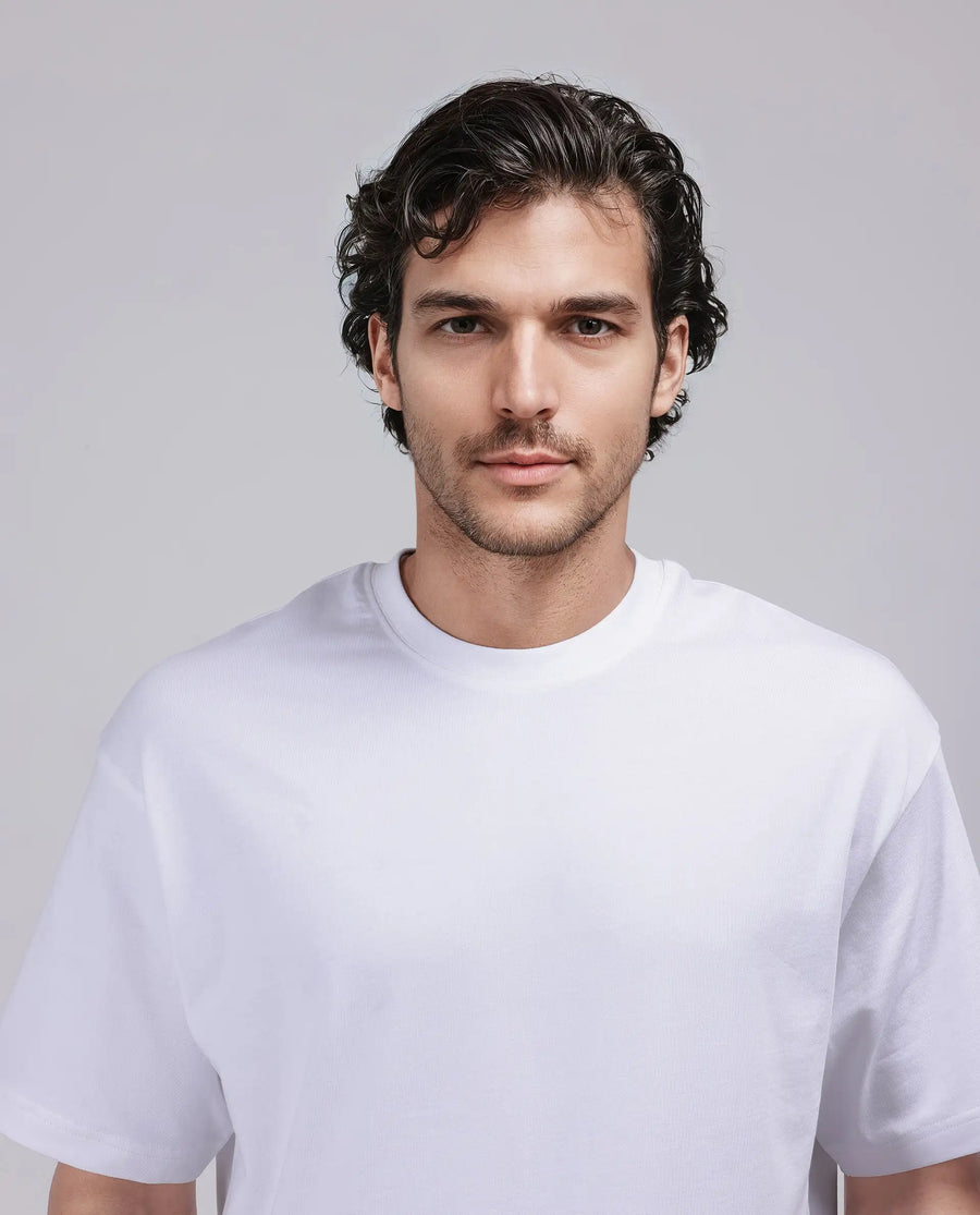 Rare Rabbit Men's Haf White Cotton Blend Graphic Print Oversized Fit Half Sleeve Crew Neck T-Shirt