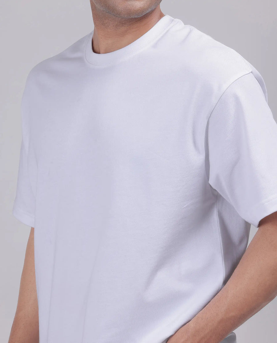 Rare Rabbit Men's Haf White Cotton Blend Graphic Print Oversized Fit Half Sleeve Crew Neck T-Shirt