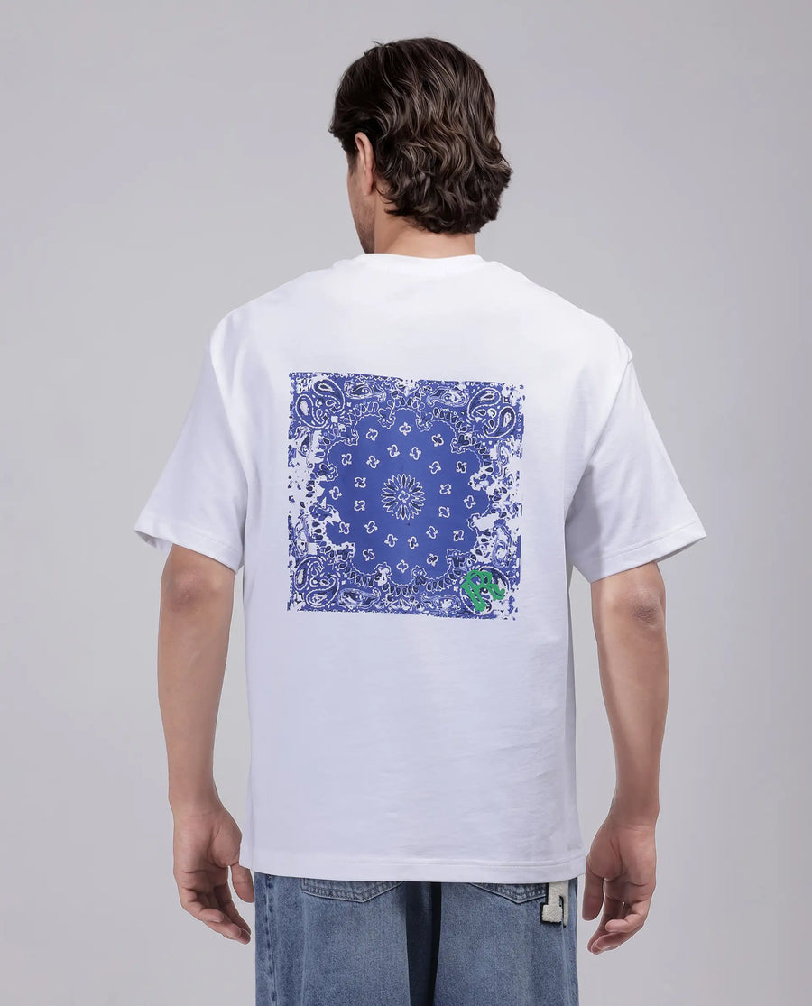 Rare Rabbit Men's Haf White Cotton Blend Graphic Print Oversized Fit Half Sleeve Crew Neck T-Shirt