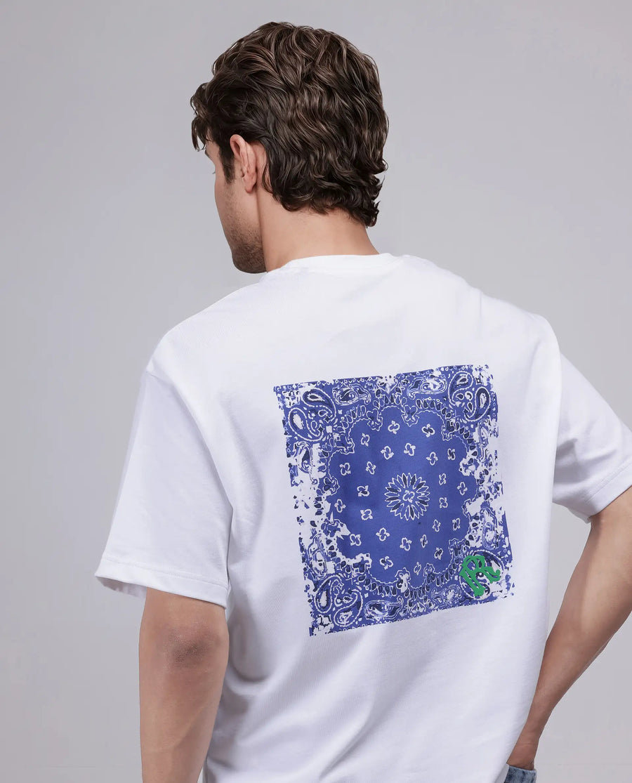 Rare Rabbit Men's Haf White Cotton Blend Graphic Print Oversized Fit Half Sleeve Crew Neck T-Shirt