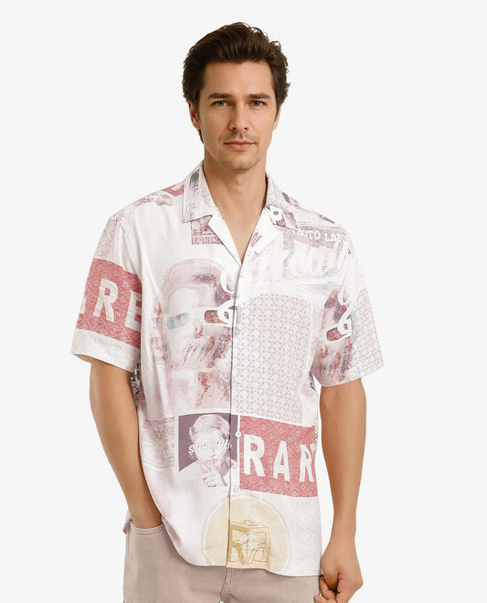 Rare Rabbit Men's Hague Beige Cotton Abstract Print Boxy Fit Half Sleeve Collared Shirt