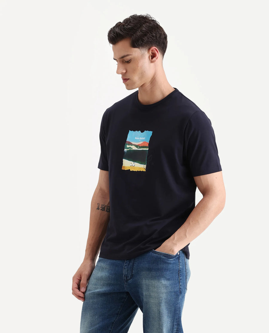 Rare Rabbit Men's Hale Navy Cotton Blend Graphic Print Regular Fit Half Sleeve Crew Neck T-Shirt