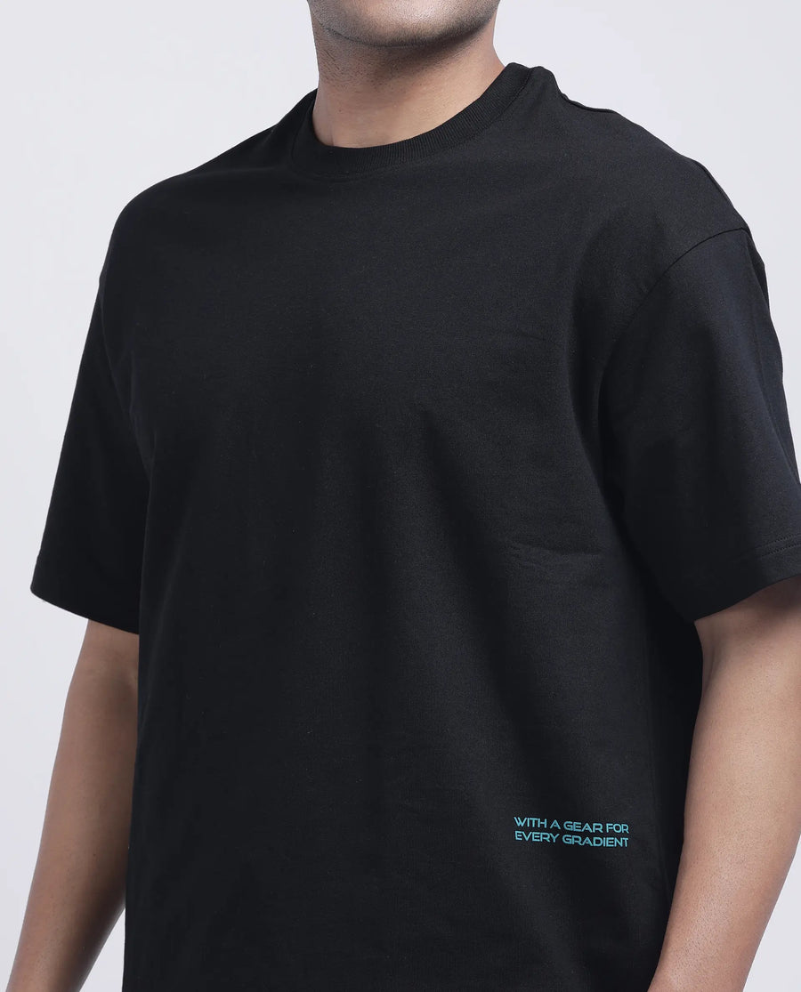 Rare Rabbit Men's Halen Black Cotton Graphic Print Oversized Fit Half Sleeve Crew Neck T-Shirt