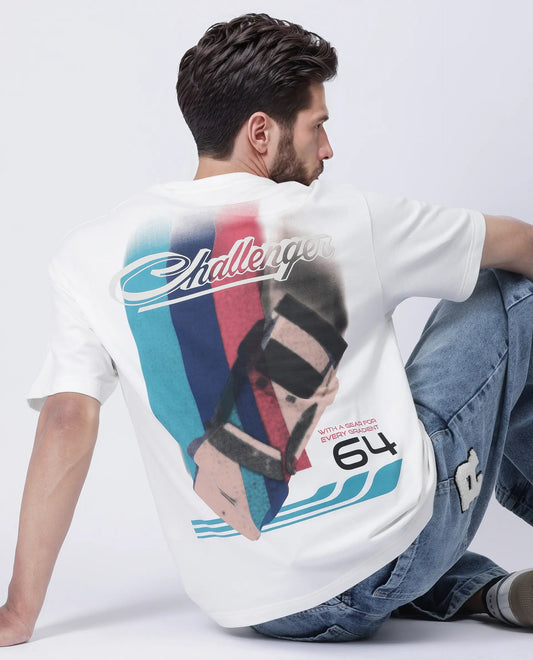 Rare Rabbit Men's Halen Off White Cotton Graphic Print Oversized Fit Half Sleeve Crew Neck T-Shirt