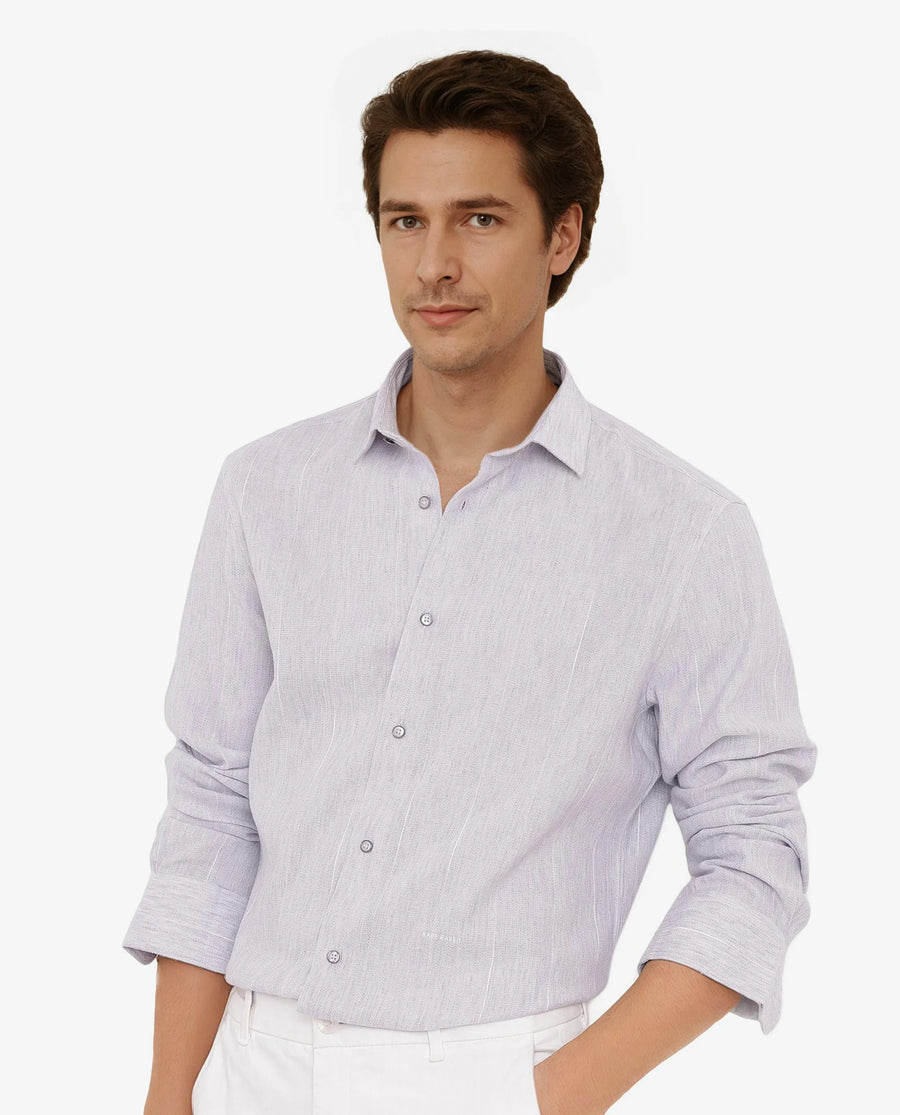 Rare Rabbit Men's Halk-1 Light Purple Cotton Blend Striped Print Regular Fit Full Sleeve Collared Shirt