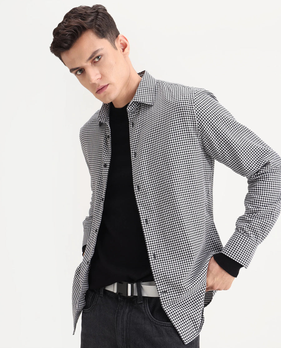 Rare Rabbit Men's Hall Black Cotton Checked Print Regular Fit Full Sleeve Collared Shirt