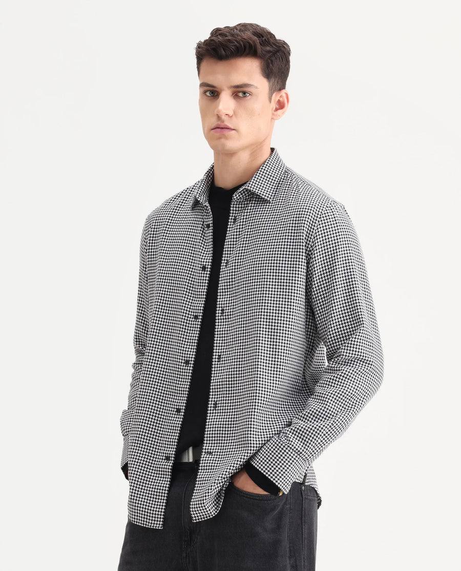 Rare Rabbit Men's Hall Black Cotton Checked Print Regular Fit Full Sleeve Collared Shirt