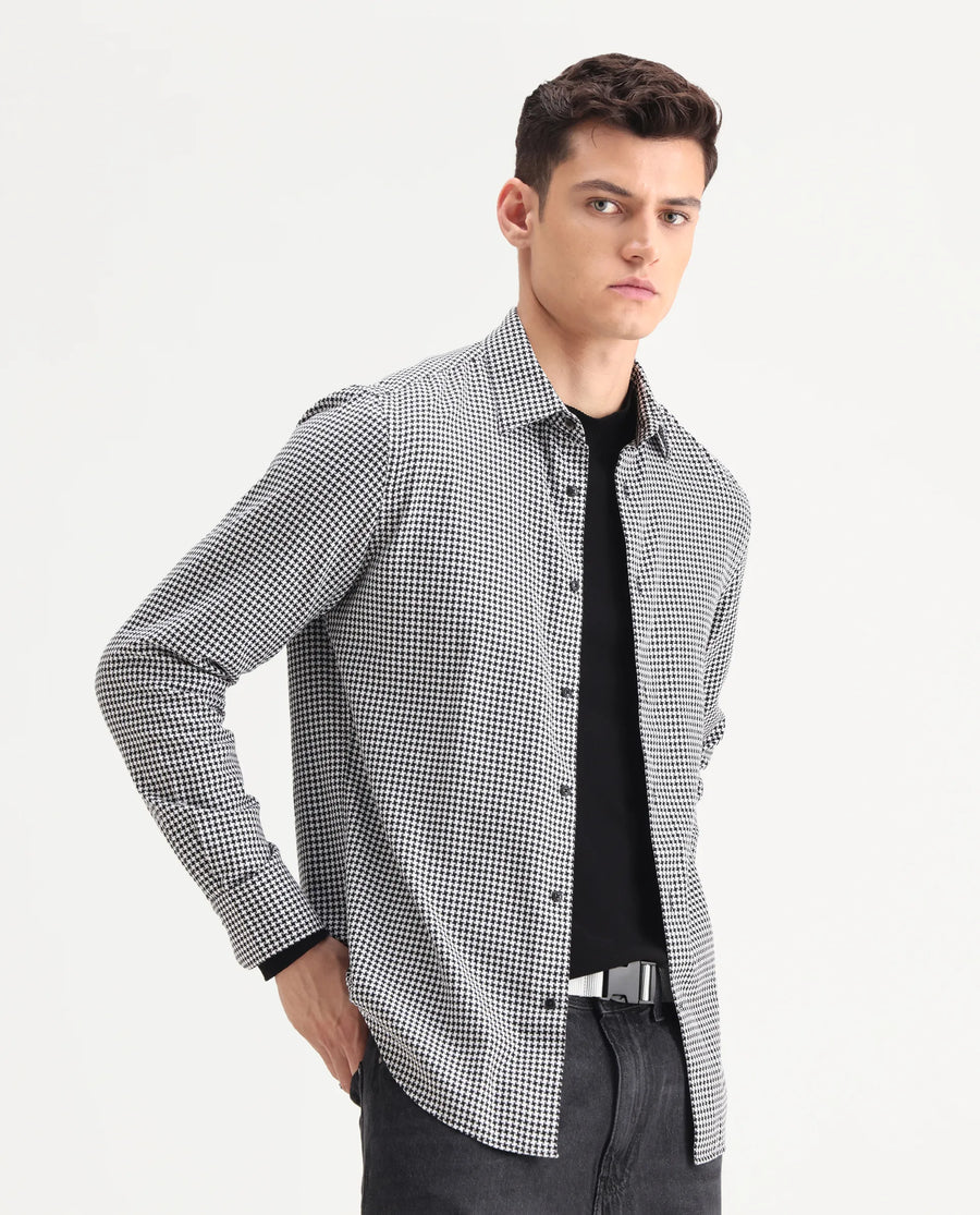 Rare Rabbit Men's Hall Black Cotton Checked Print Regular Fit Full Sleeve Collared Shirt