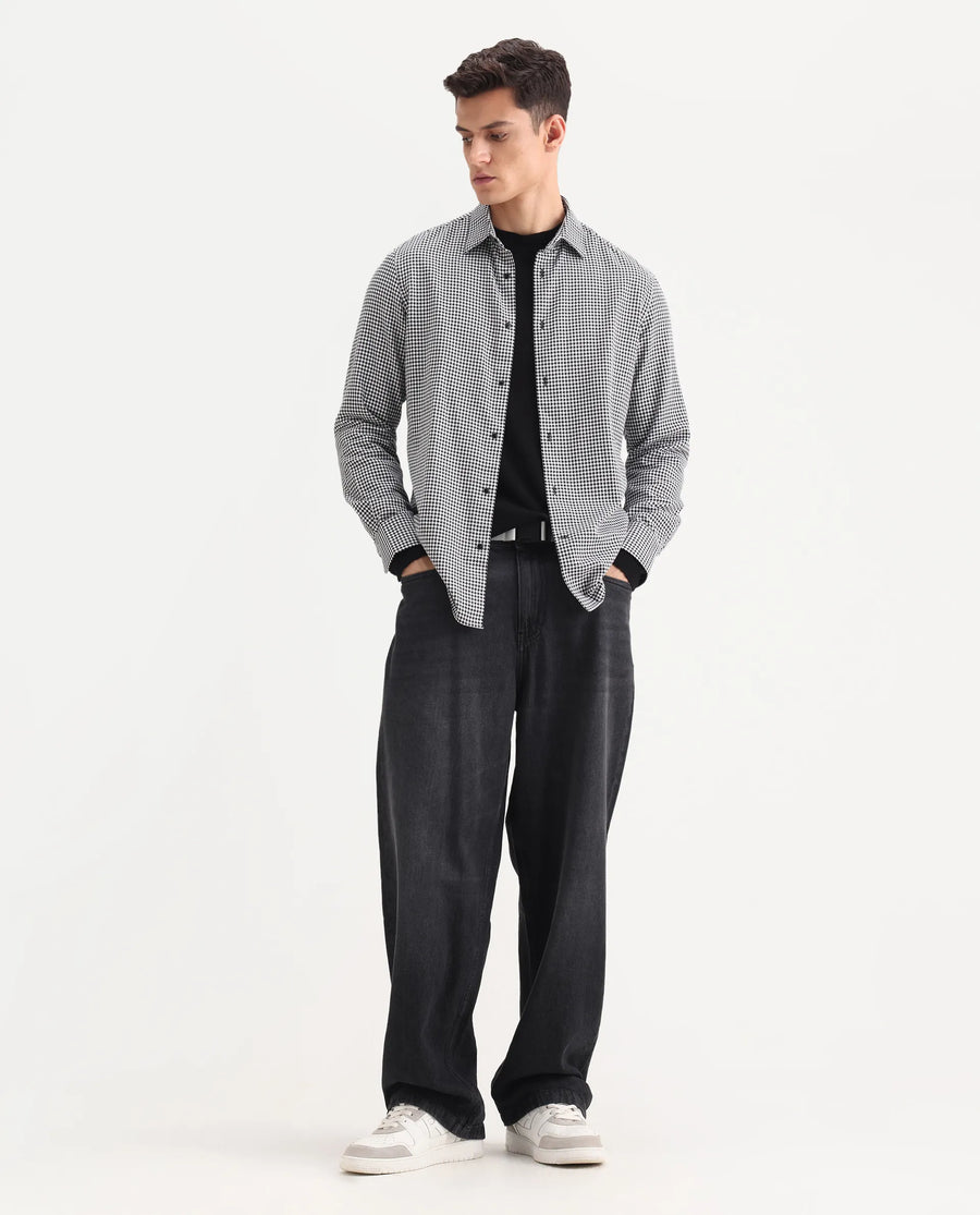 Rare Rabbit Men's Hall Black Cotton Checked Print Regular Fit Full Sleeve Collared Shirt