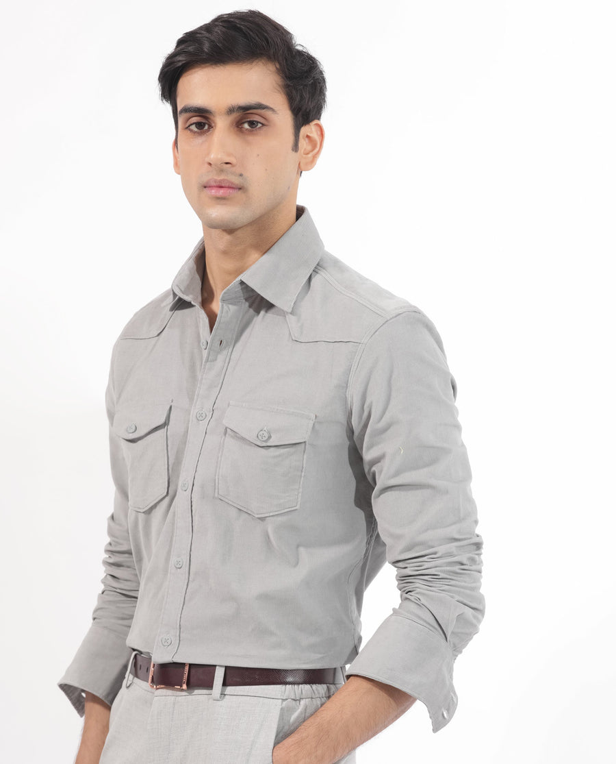 Rare Rabbit Men's Halle Grey Plain Regular Fit Full Sleeve Collared Shirt