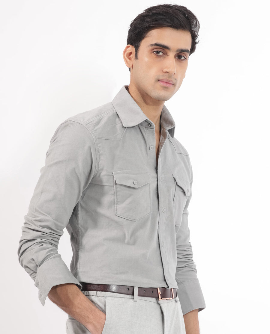 Rare Rabbit Men's Halle Grey Plain Regular Fit Full Sleeve Collared Shirt