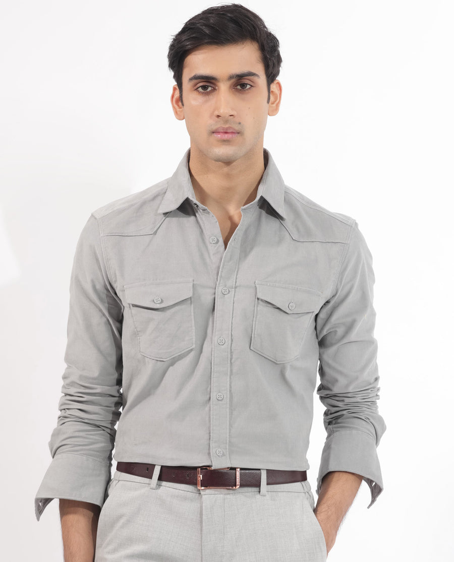 Rare Rabbit Men's Halle Grey Plain Regular Fit Full Sleeve Collared Shirt