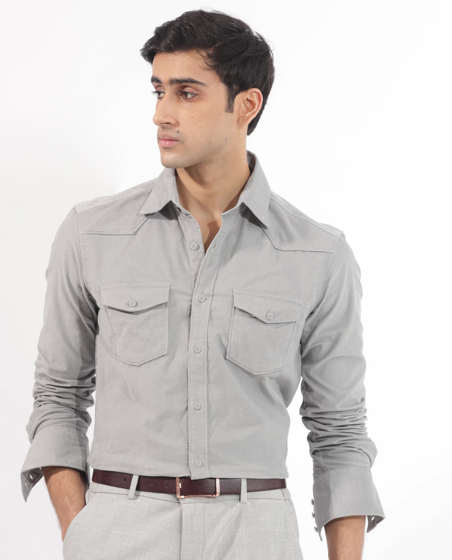 Rare Rabbit Men's Halle Grey Plain Regular Fit Full Sleeve Collared Shirt