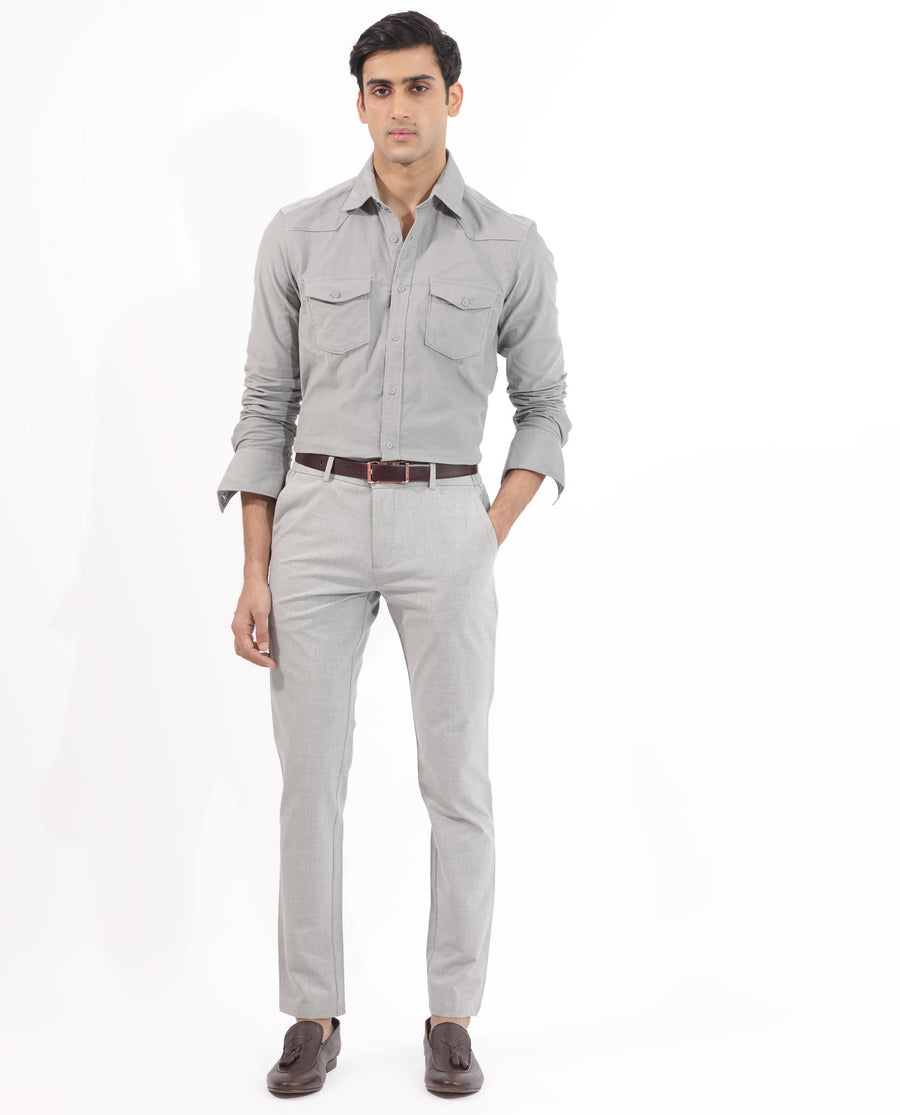 Rare Rabbit Men's Halle Grey Plain Regular Fit Full Sleeve Collared Shirt