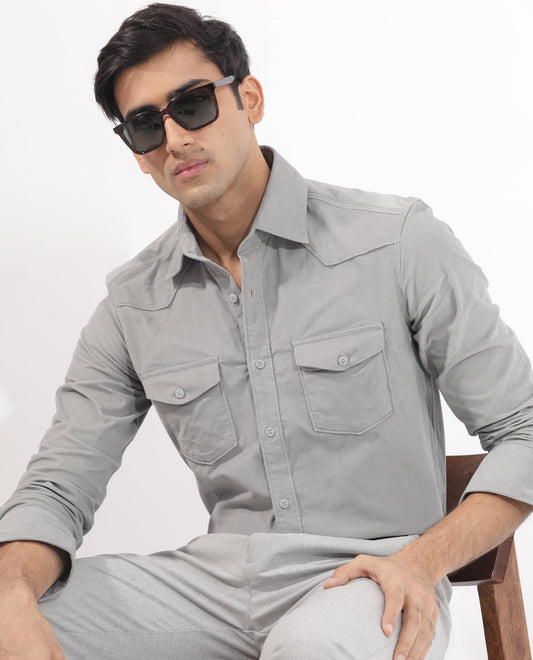 Rare Rabbit Men's Halle Grey Plain Regular Fit Full Sleeve Collared Shirt