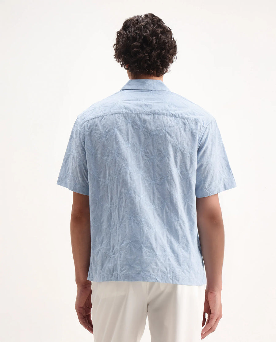 Rare Rabbit Men's Halo Light Blue Cotton Embroidered Boxy Fit Half Sleeve Cuban Collar Shirt