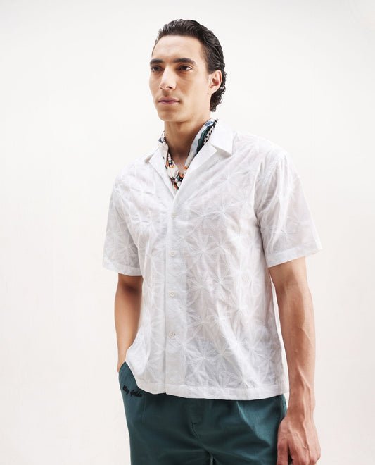 Rare Rabbit Men's Halo White Cotton Embroidered Boxy Fit Half Sleeve Cuban Collar Shirt