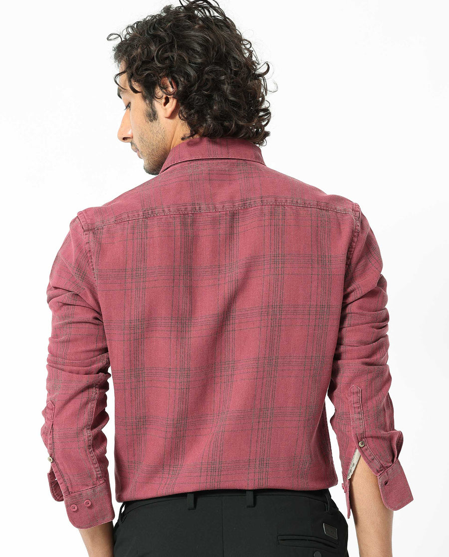 Rare Rabbit Men's Hammel Dark Pink Cotton Checked Print Regular Fit Full Sleeve Collared Shirt
