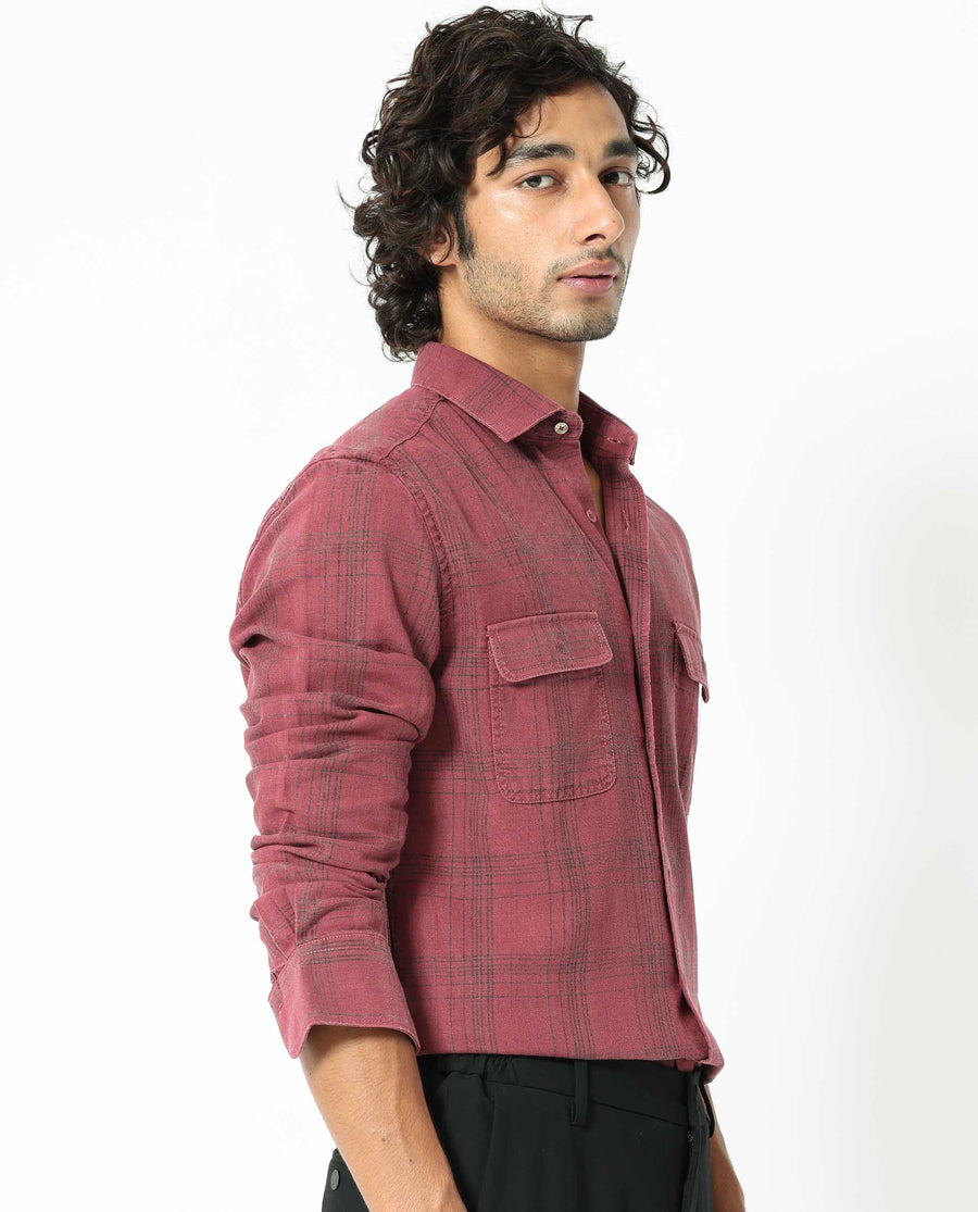 Rare Rabbit Men's Hammel Dark Pink Cotton Checked Print Regular Fit Full Sleeve Collared Shirt