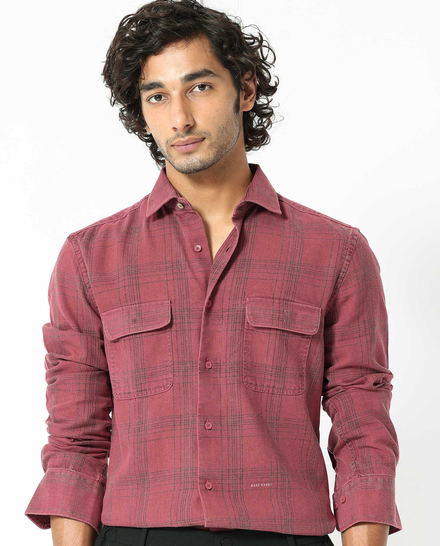 Rare Rabbit Men's Hammel Dark Pink Cotton Checked Print Regular Fit Full Sleeve Collared Shirt