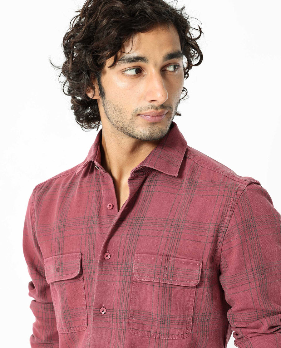 Rare Rabbit Men's Hammel Dark Pink Cotton Checked Print Regular Fit Full Sleeve Collared Shirt