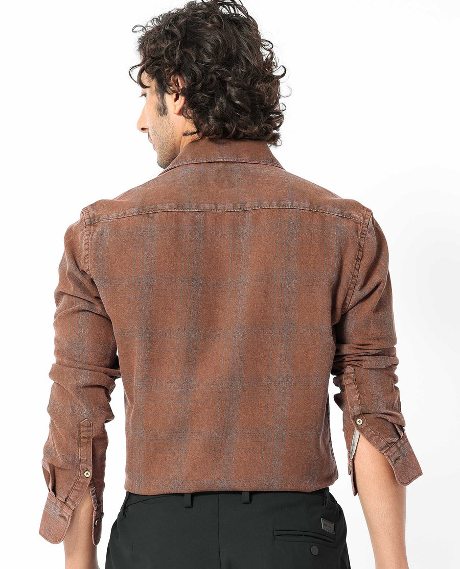 Rare Rabbit Men's Hammel Rust Cotton Checked Print Regular Fit Full Sleeve Collared Shirt