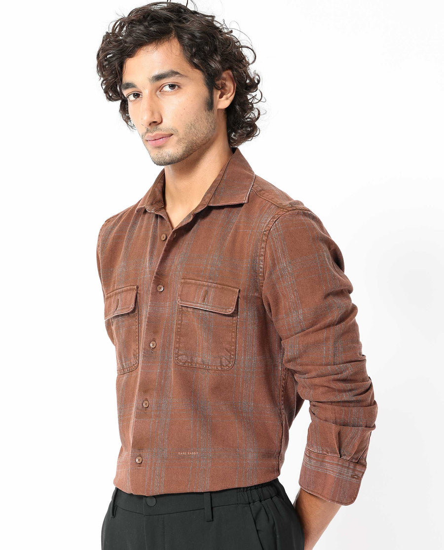 Rare Rabbit Men's Hammel Rust Cotton Checked Print Regular Fit Full Sleeve Collared Shirt