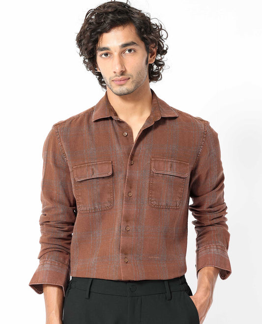 Rare Rabbit Men's Hammel Rust Cotton Checked Print Regular Fit Full Sleeve Collared Shirt