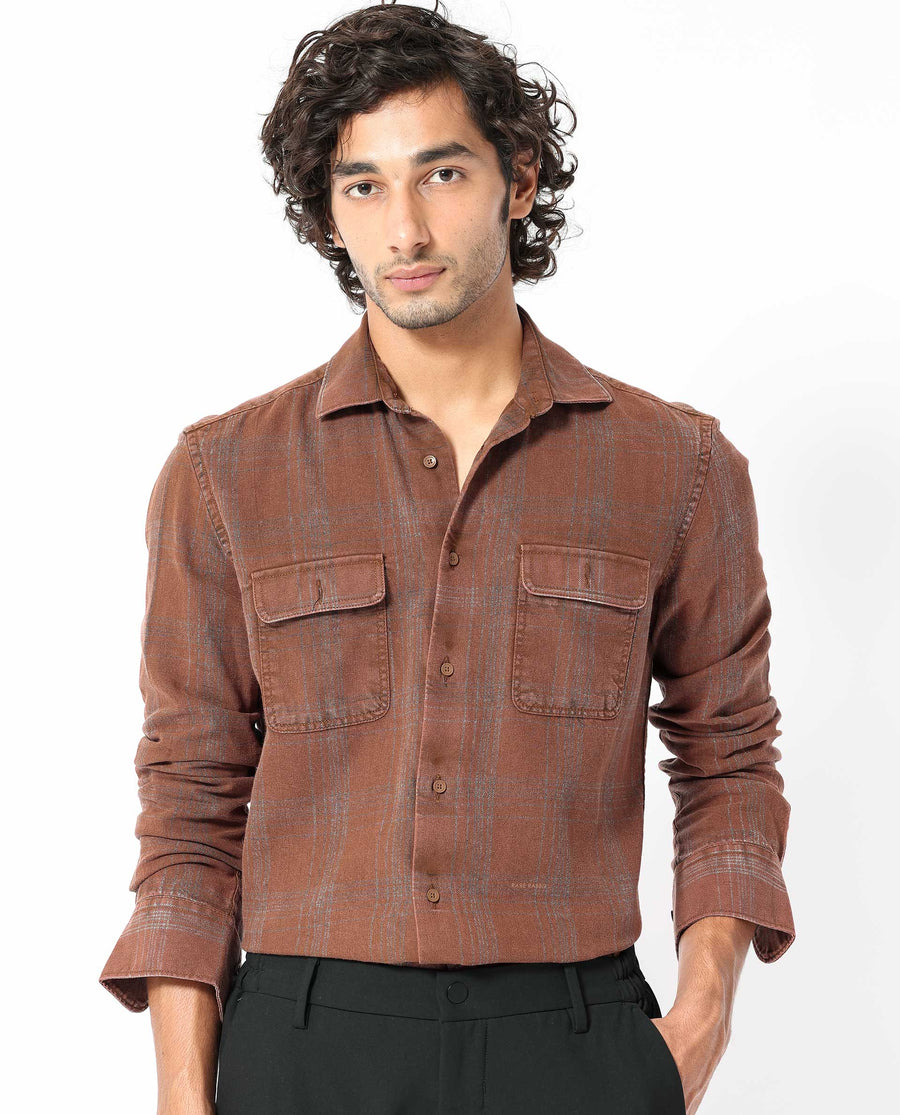 Rare Rabbit Men's Hammel Rust Cotton Checked Print Regular Fit Full Sleeve Collared Shirt