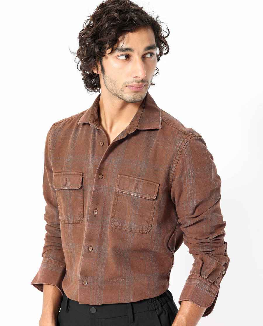 Rare Rabbit Men's Hammel Rust Cotton Checked Print Regular Fit Full Sleeve Collared Shirt