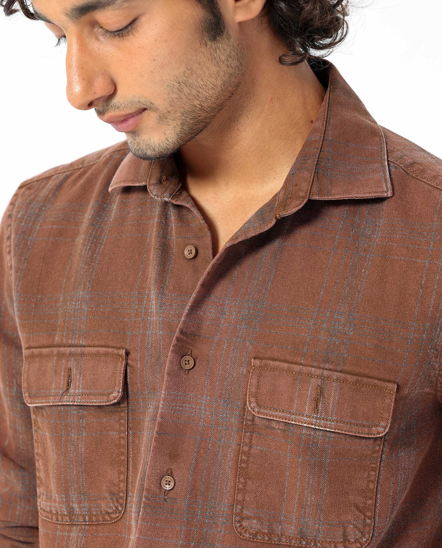 Rare Rabbit Men's Hammel Rust Cotton Checked Print Regular Fit Full Sleeve Collared Shirt