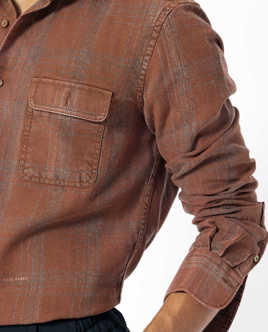 Rare Rabbit Men's Hammel Rust Cotton Checked Print Regular Fit Full Sleeve Collared Shirt