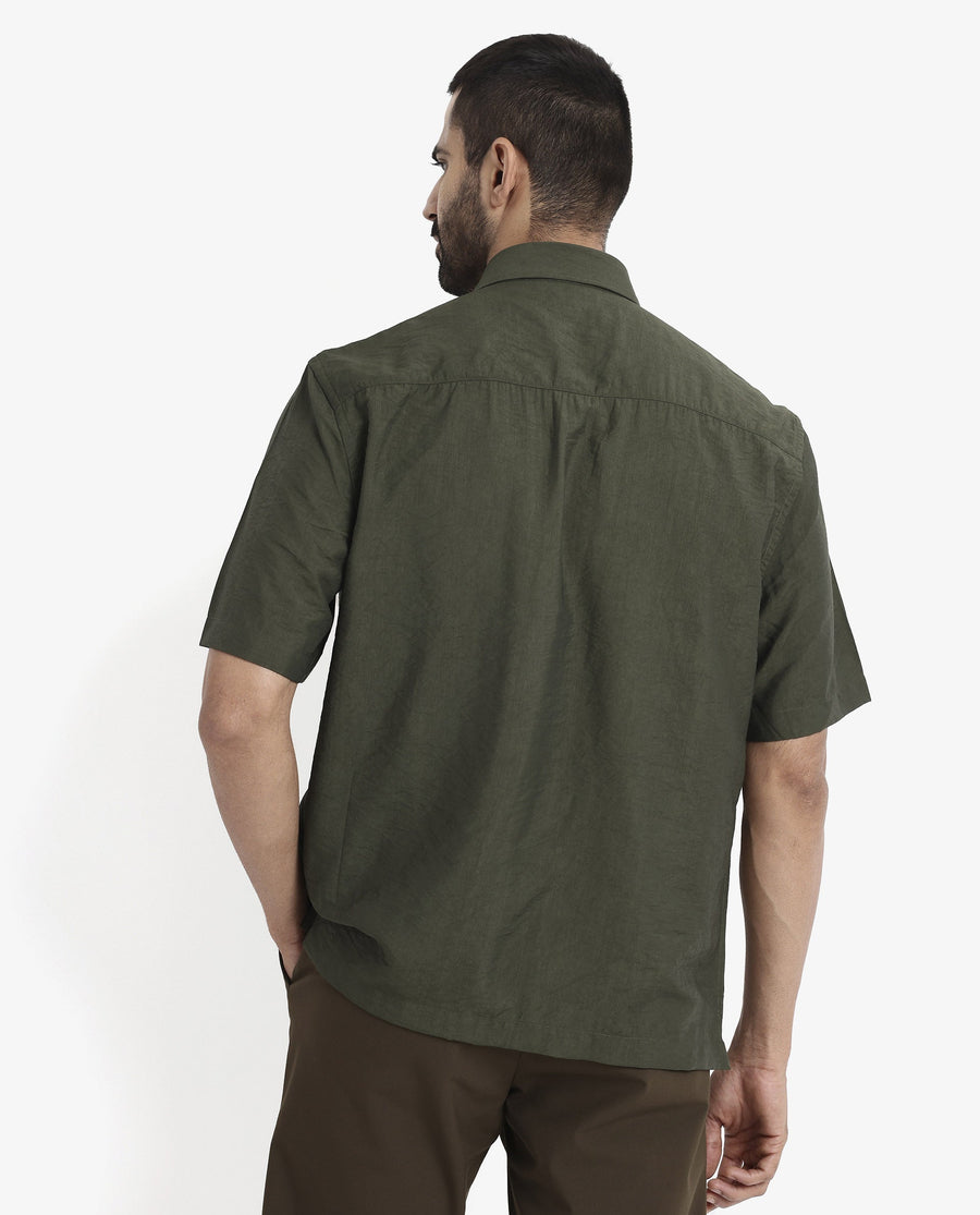 Rare Rabbit Men's Blois Dark Green Viscose Plain Boxy Fit Half Sleeve Collared Shirt