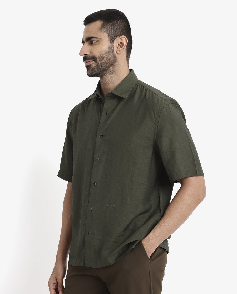 Rare Rabbit Men's Blois Dark Green Viscose Plain Boxy Fit Half Sleeve Collared Shirt