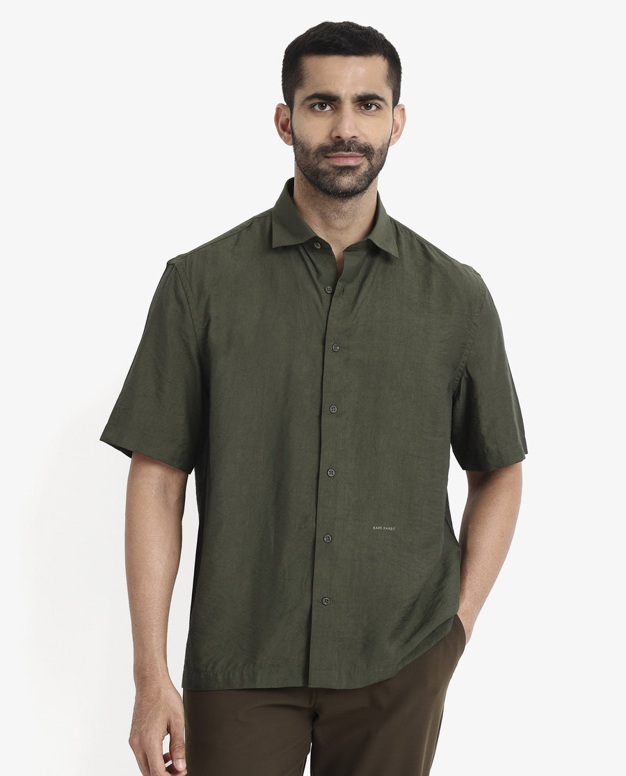 Rare Rabbit Men's Blois Dark Green Viscose Plain Boxy Fit Half Sleeve Collared Shirt