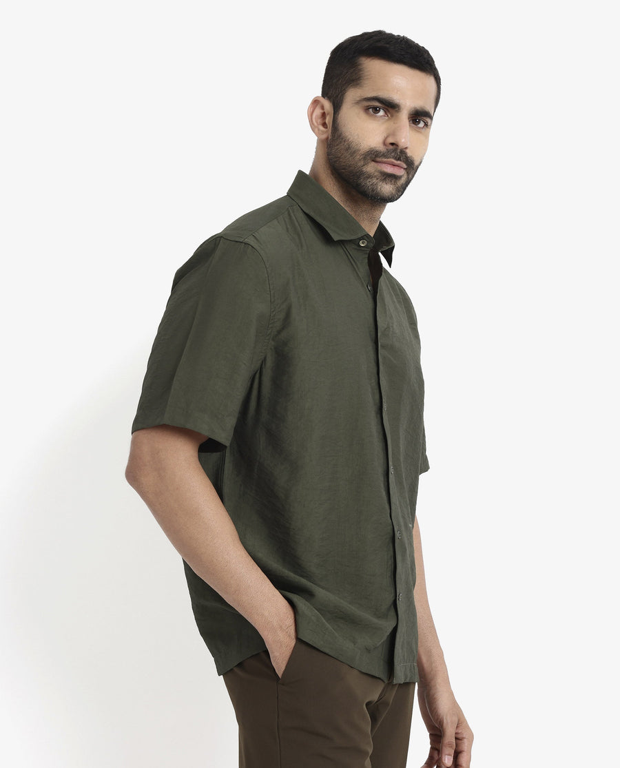 Rare Rabbit Men's Blois Dark Green Viscose Plain Boxy Fit Half Sleeve Collared Shirt