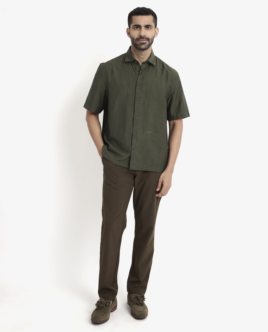 Rare Rabbit Men's Blois Dark Green Viscose Plain Boxy Fit Half Sleeve Collared Shirt