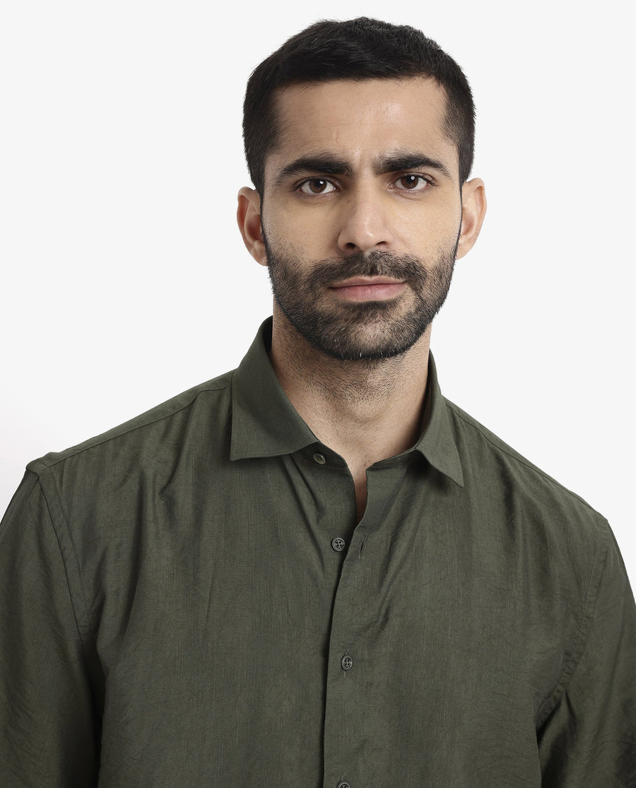 Rare Rabbit Men's Blois Dark Green Viscose Plain Boxy Fit Half Sleeve Collared Shirt