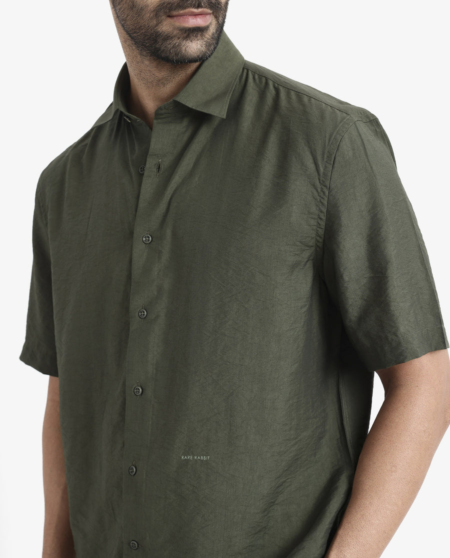 Rare Rabbit Men's Blois Dark Green Viscose Plain Boxy Fit Half Sleeve Collared Shirt
