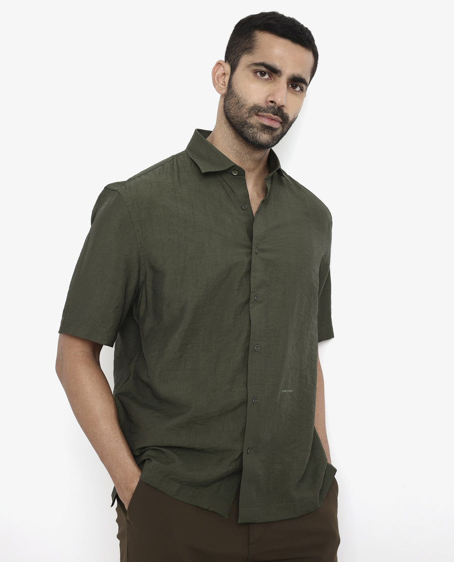 Rare Rabbit Men's Blois Dark Green Viscose Plain Boxy Fit Half Sleeve Collared Shirt