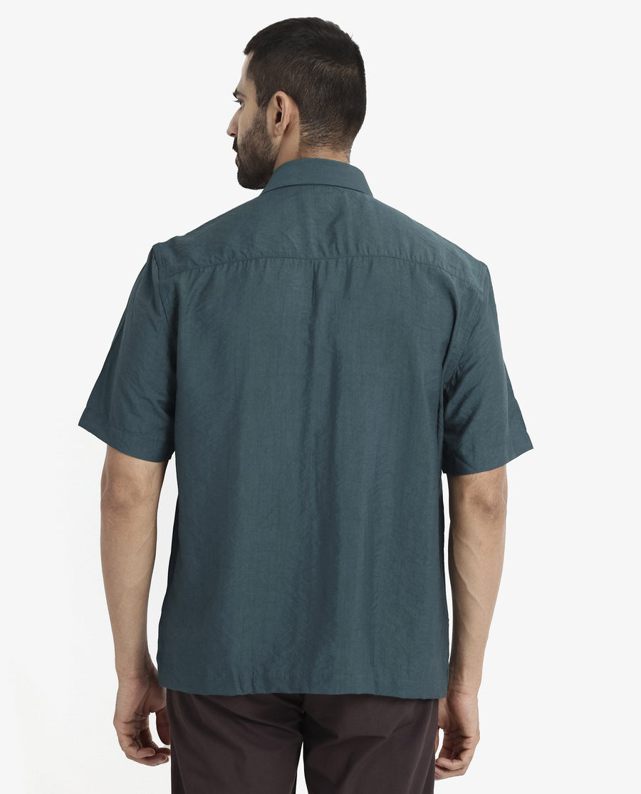 Rare Rabbit Men's Blois Dark Teal Viscose Plain Boxy Fit Half Sleeve Collared Shirt