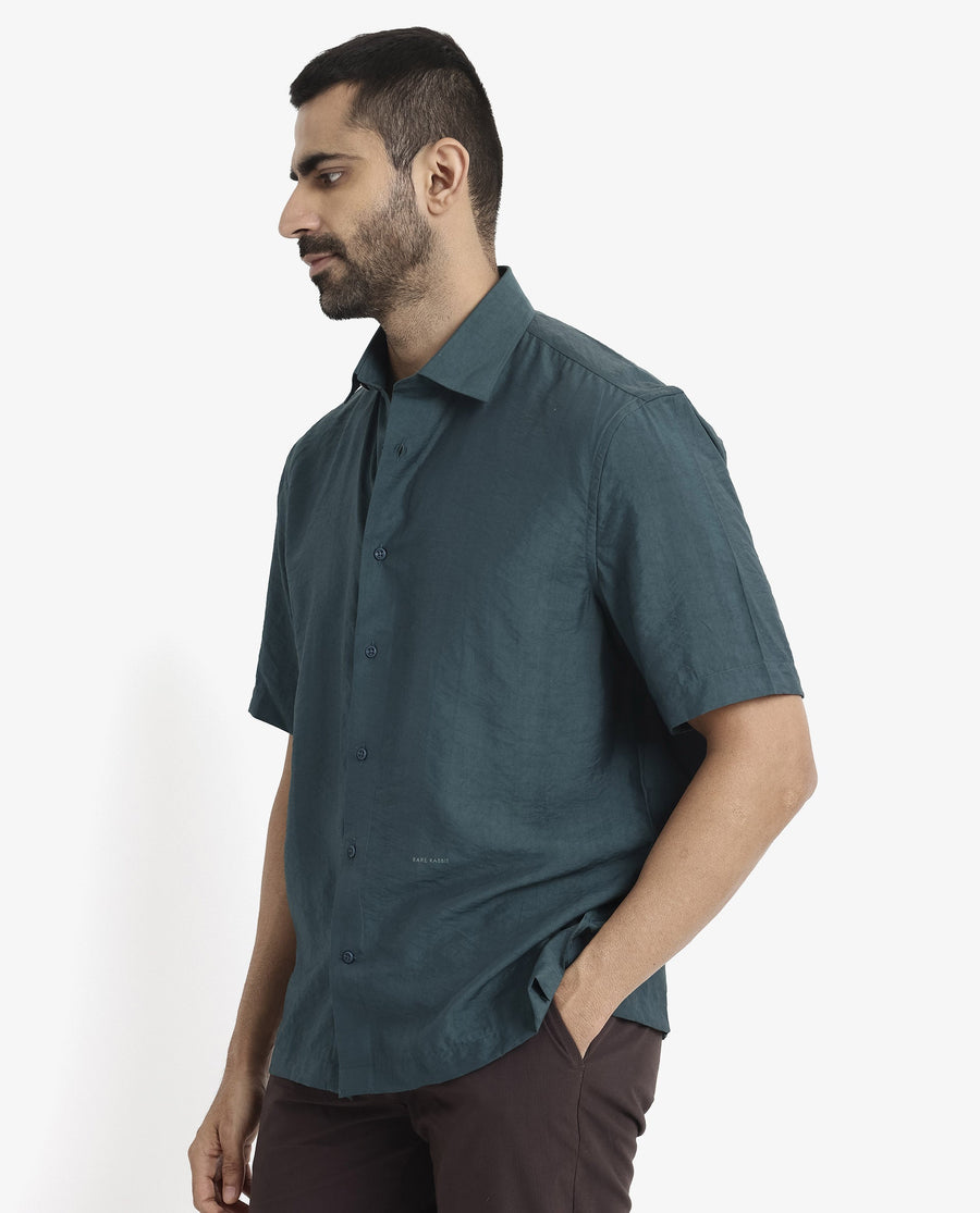 Rare Rabbit Men's Blois Dark Teal Viscose Plain Boxy Fit Half Sleeve Collared Shirt