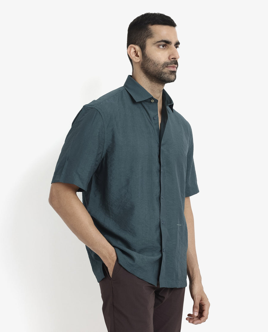 Rare Rabbit Men's Blois Dark Teal Viscose Plain Boxy Fit Half Sleeve Collared Shirt