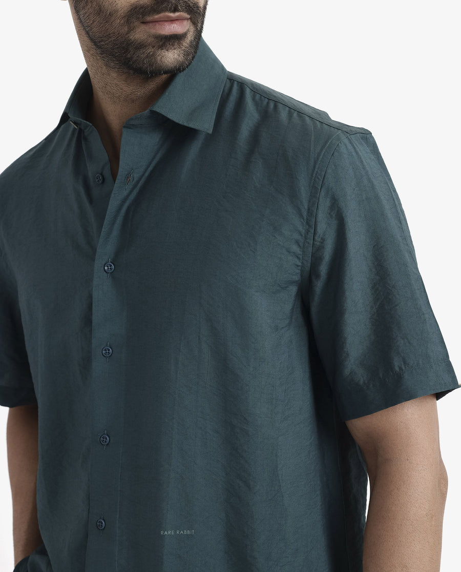Rare Rabbit Men's Blois Dark Teal Viscose Plain Boxy Fit Half Sleeve Collared Shirt