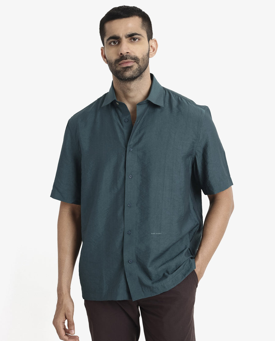 Rare Rabbit Men's Blois Dark Teal Viscose Plain Boxy Fit Half Sleeve Collared Shirt